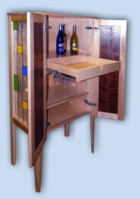 Tiger Maple & Flame Redwood Arts & Crafts Liquor Cabinet